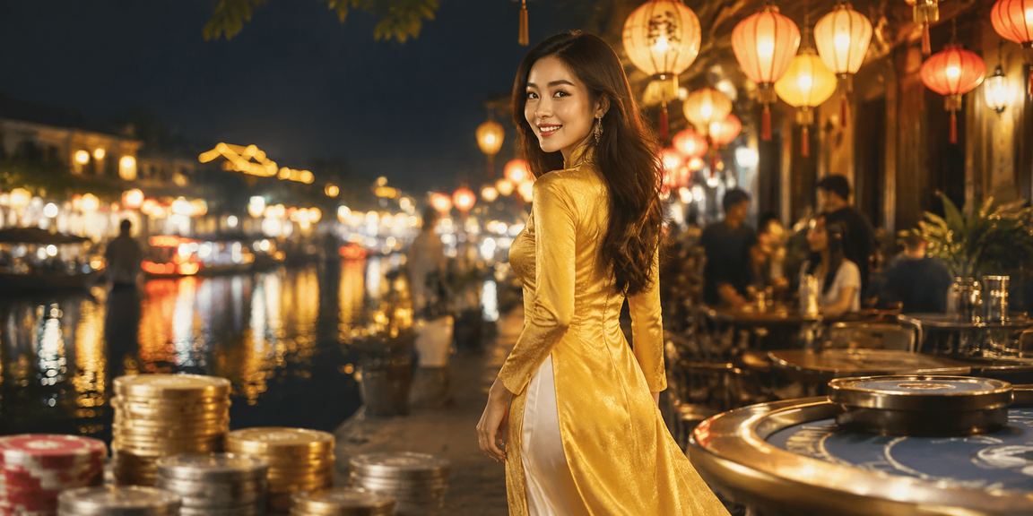 Người phụ nữ mặc áo dài tại Hội An thưởng thức trải nghiệm giải trí trực tuyến nhẹ nhàng